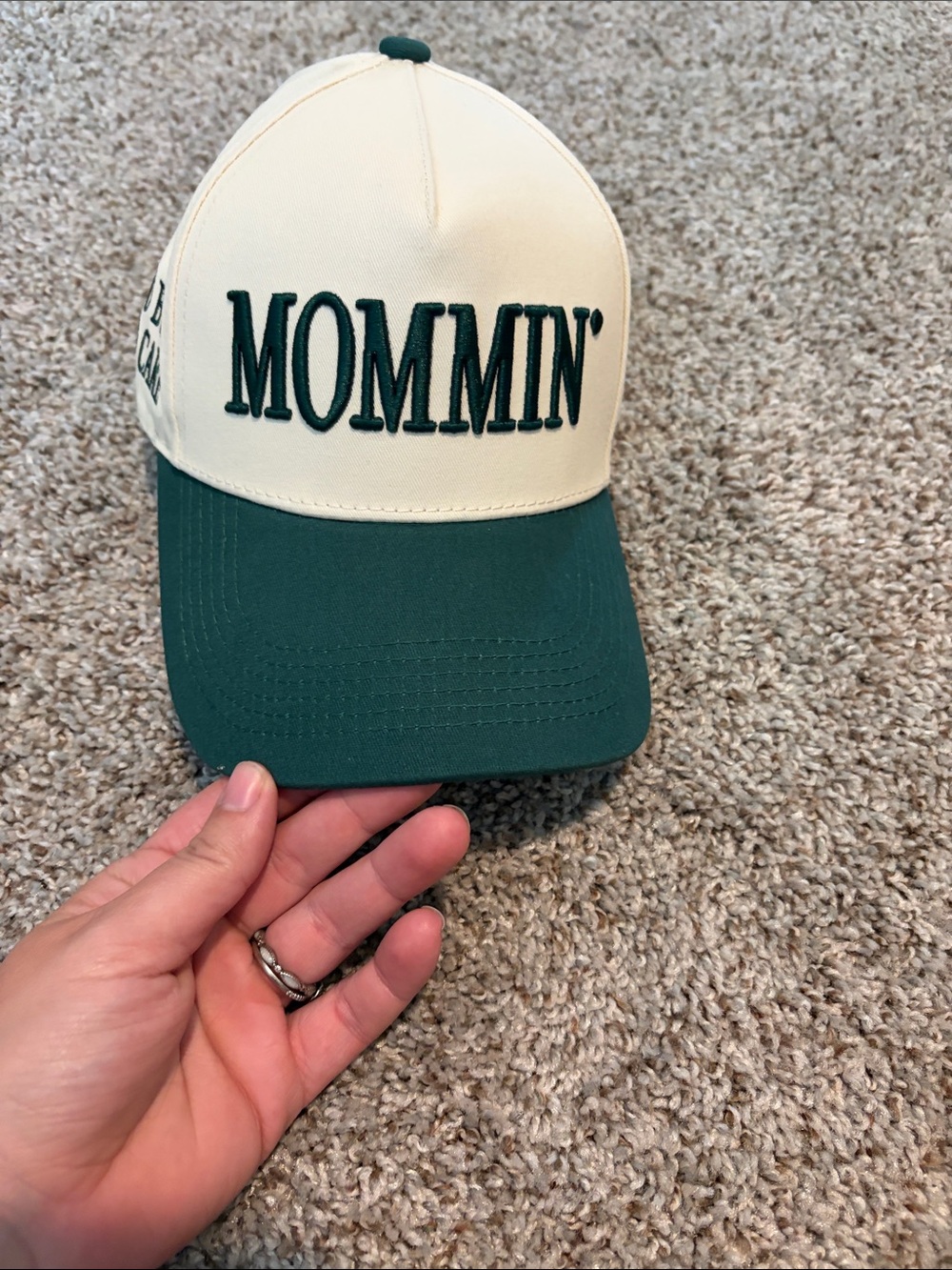 Cream and Forest Green "MOMMIN'" Baseball Cap